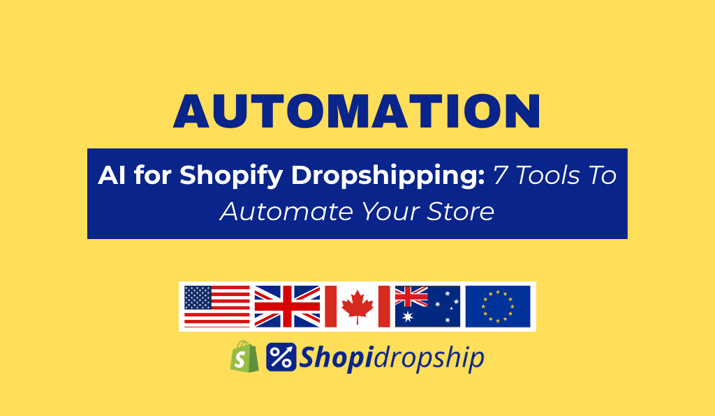 Illustration of an AI-powered Shopify dropshipping store interface with automation icons and digital analytics dashboard
